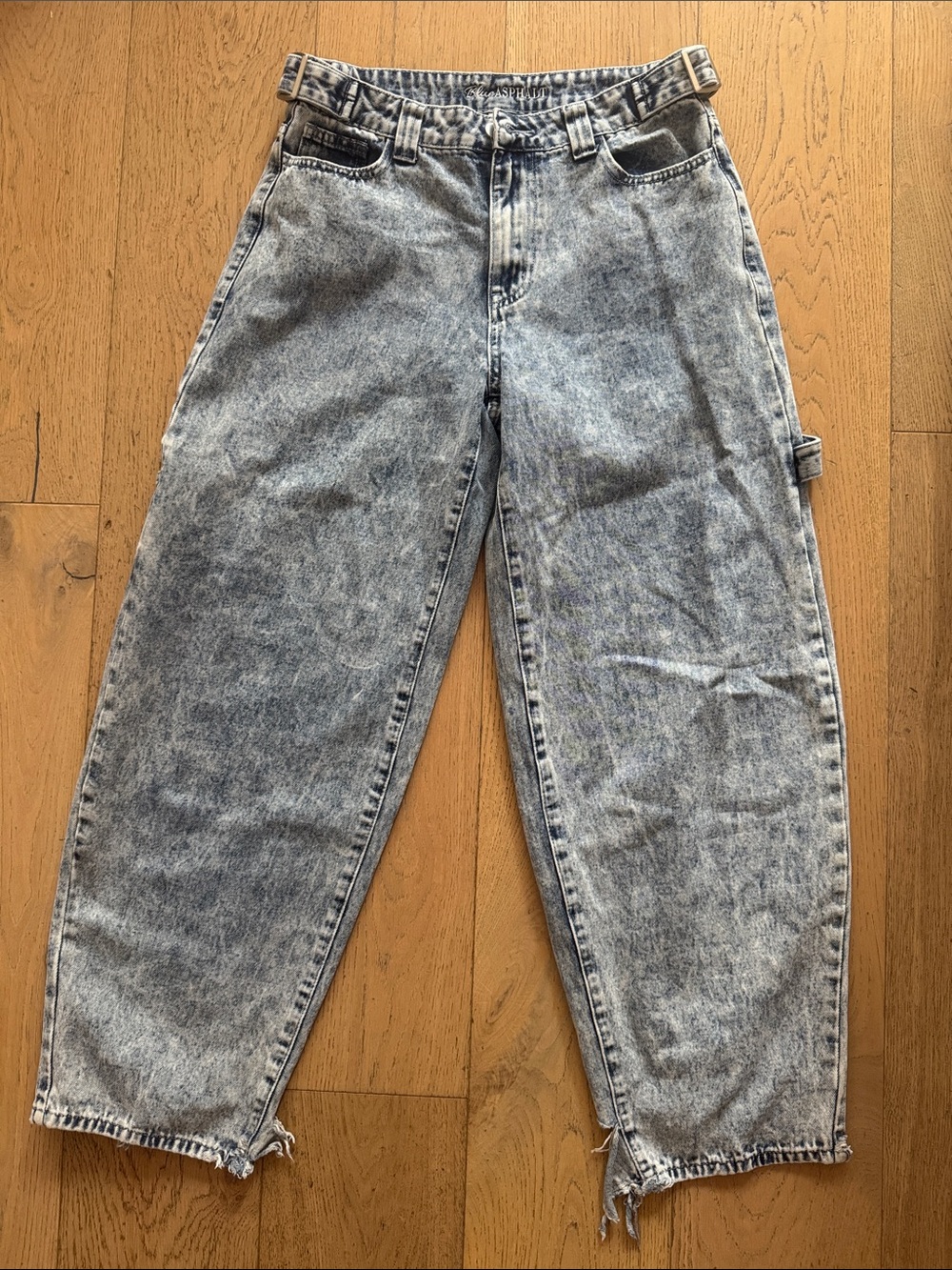 Blue Asphalt brand acid wash carpenter jeans featuring adjustable waist tabs